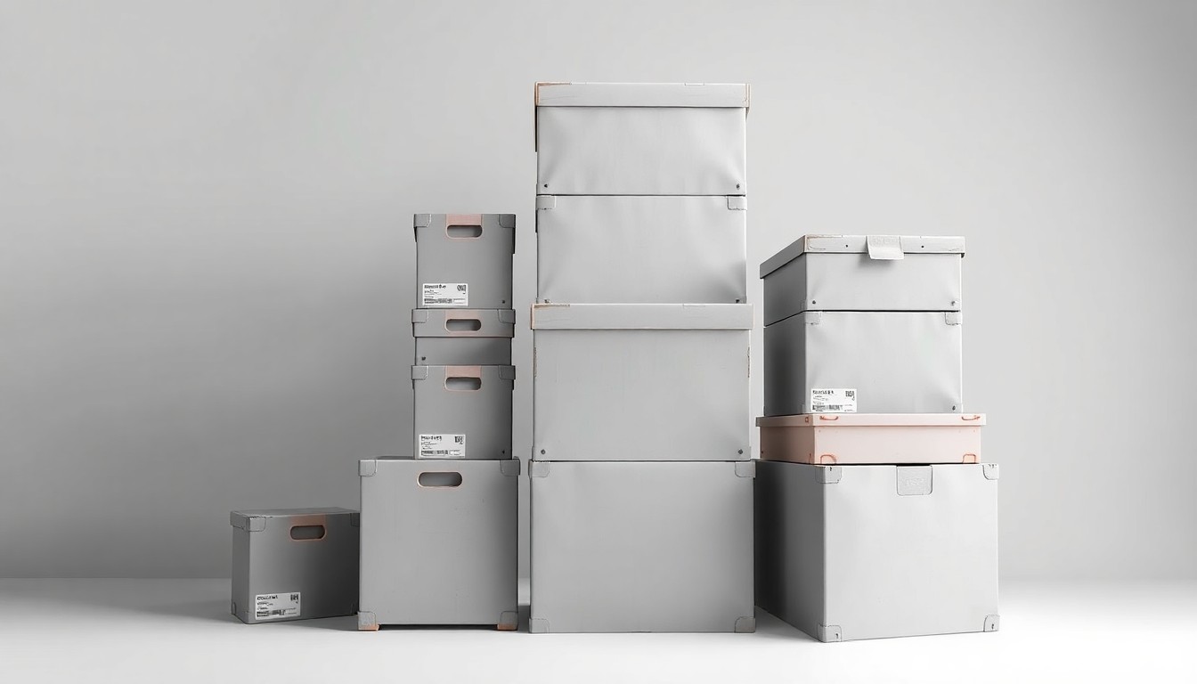 A minimalist studio still life photograph featuring a stack of neatly arranged storage boxes in shades of gray and white, conveying the orderly and efficient nature of Extra Space Storage's operations.