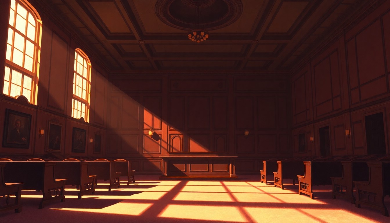 A dimly lit, cinematic painting of an empty city council chamber, with warm sunlight streaming through the windows and deep shadows cast across the room, conveying a sense of quiet contemplation around the council's decision to raise its pay.