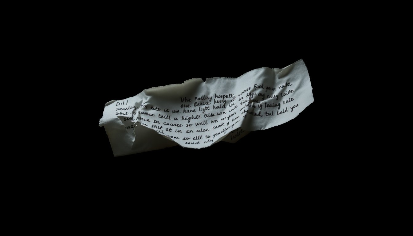 An extreme close-up photograph of a crumpled, torn piece of paper with handwritten notes, lit by a harsh, direct camera flash against a pitch-black background, conceptually representing the investigative nature of the Teeple case.