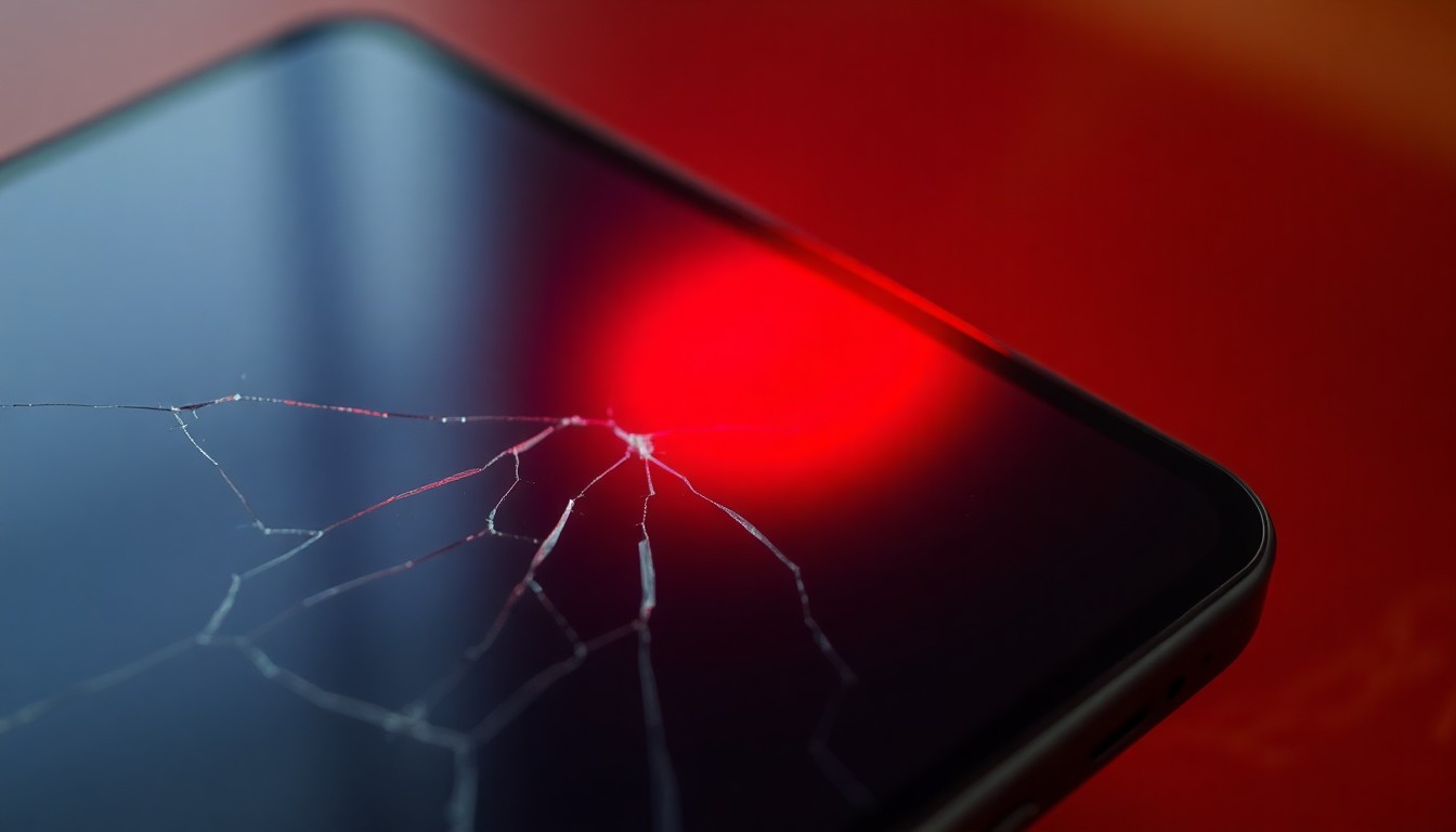 An extreme close-up of a shattered smartphone screen reflecting a faint red light, conceptually representing the violation of trust in a teacher-student relationship.