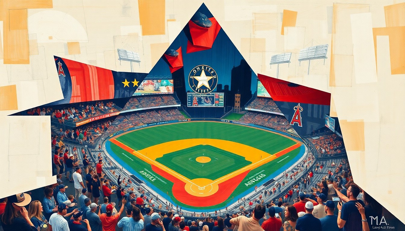 A fragmented, geometric painting depicting a baseball game in motion, with players and the field broken down into sharp, overlapping shapes and planes of color, conveying the energy and intensity of the Astros' acquisition of three-time MVP Mike Trout.