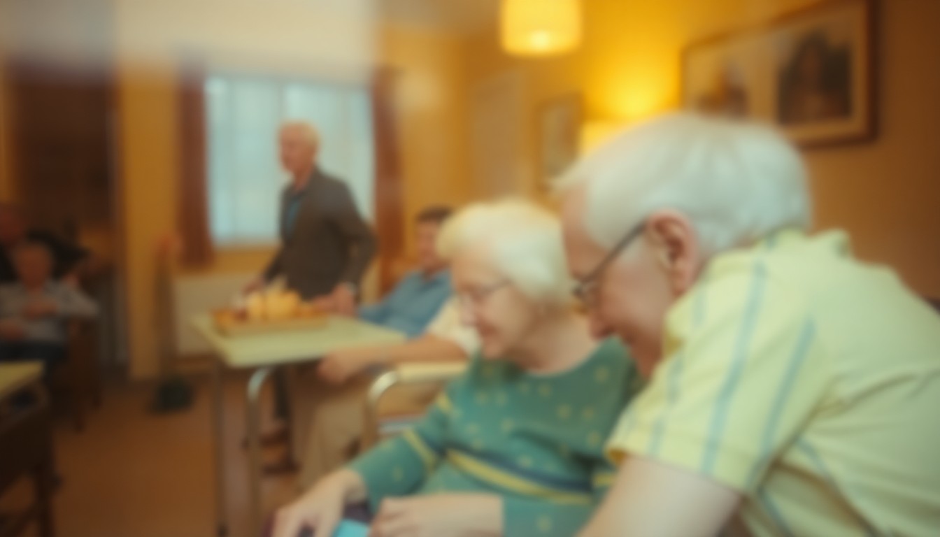 An abstract, out-of-focus photograph depicting an elderly person in a nursing home setting, surrounded by blurred shapes and colors that evoke a sense of comfort and community.