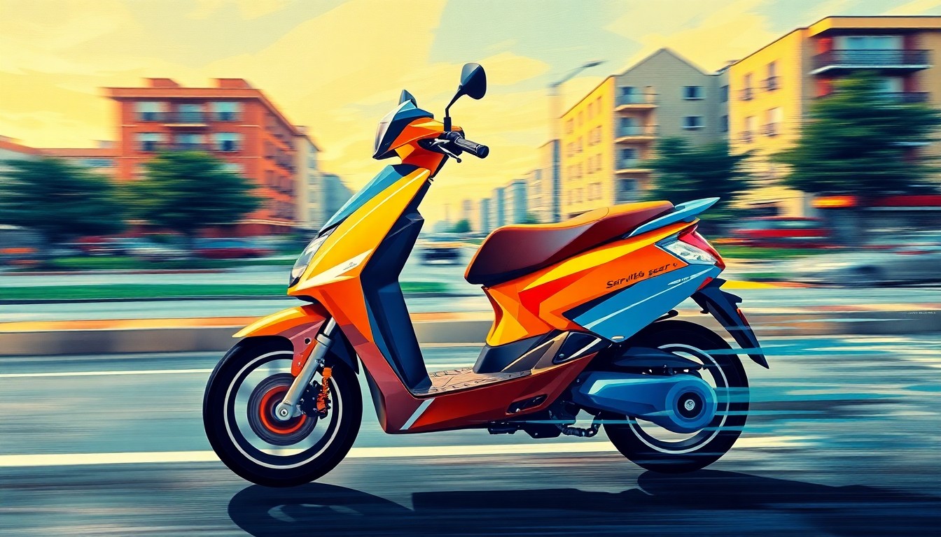 An abstract, fragmented painting depicting the motion and speed of an electric scooter zooming through an urban setting, with overlapping geometric shapes and vibrant colors evoking a sense of energy and movement.