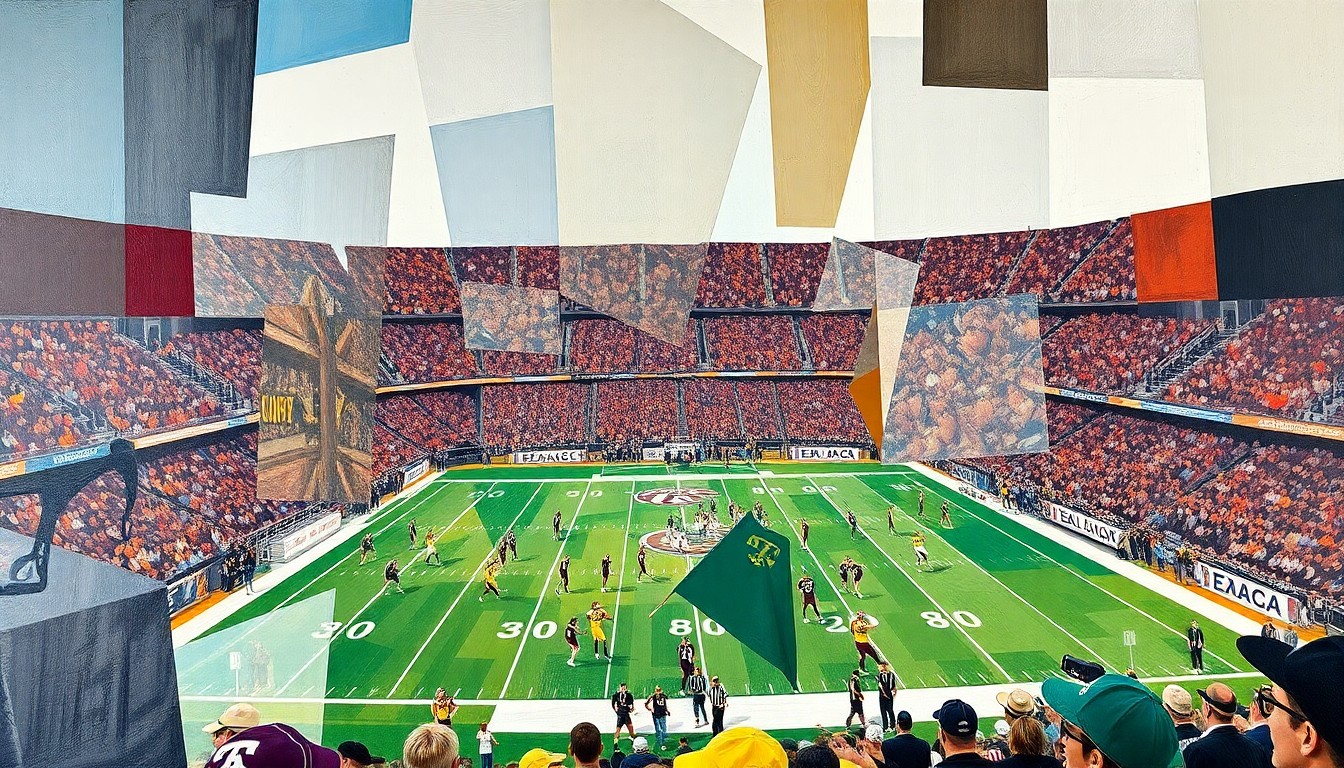 A fragmented, geometric painting depicting a Texas A&M Aggies football game, with sharp, overlapping planes of color and form representing the need for the team's quarterback to make more decisive plays.