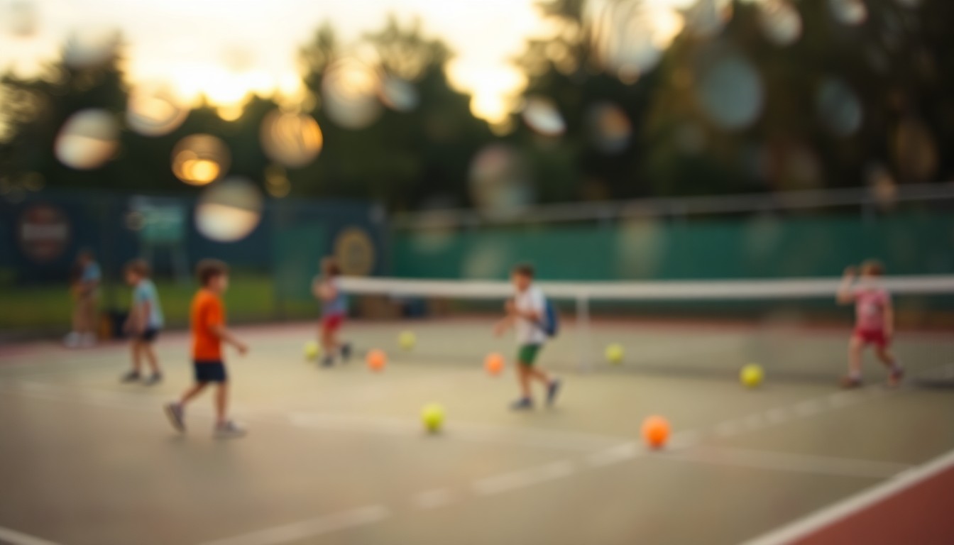 An extremely abstracted, out-of-focus photograph of a blurred tennis court scene with children playing and colorful tennis balls in soft pools of warm light, conceptually representing the inclusive and supportive environment of the ACEing Autism program.