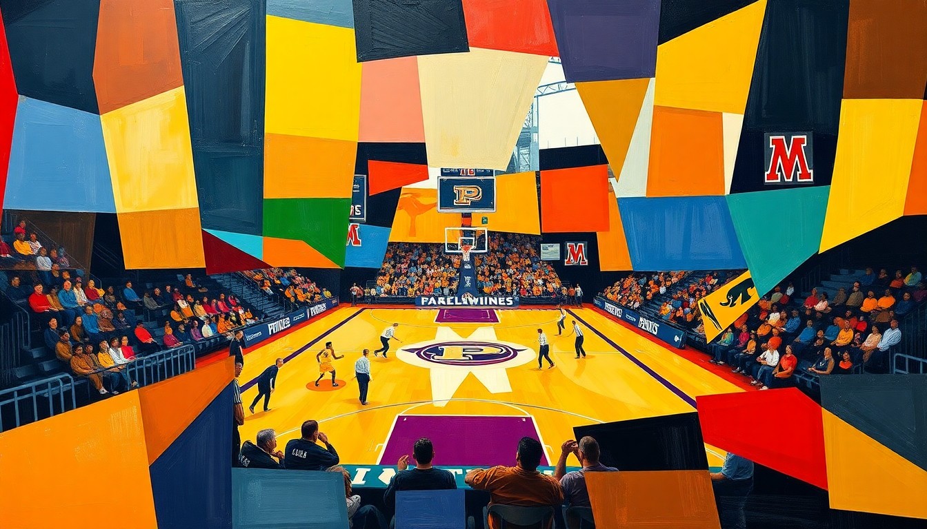 A cubist, geometric painting depicting a basketball game in abstract, fragmented shapes and colors, representing the surprise and energy of Fairleigh Dickinson's victory over Purdue.