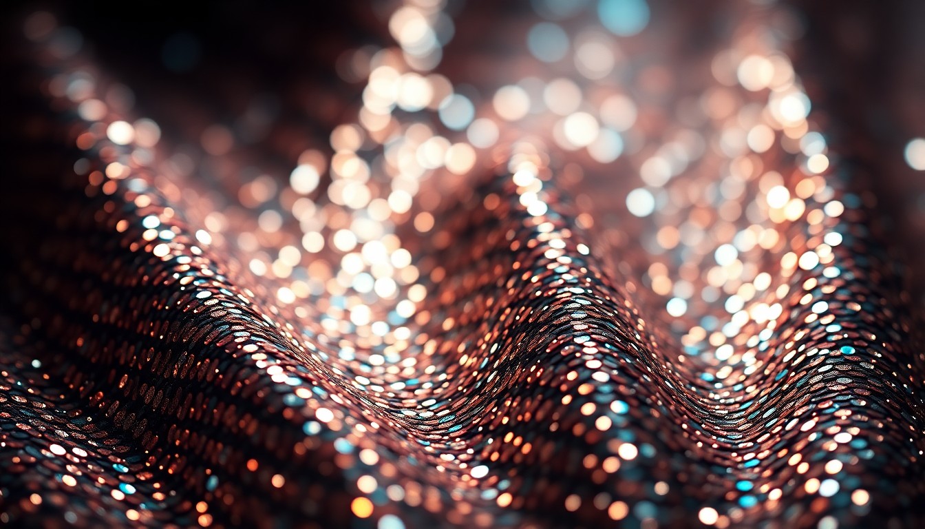 An abstract close-up photograph of shimmering, high-contrast sequins in a dramatic studio lighting setup, conceptually representing the luxurious festival fashion available on Amazon.