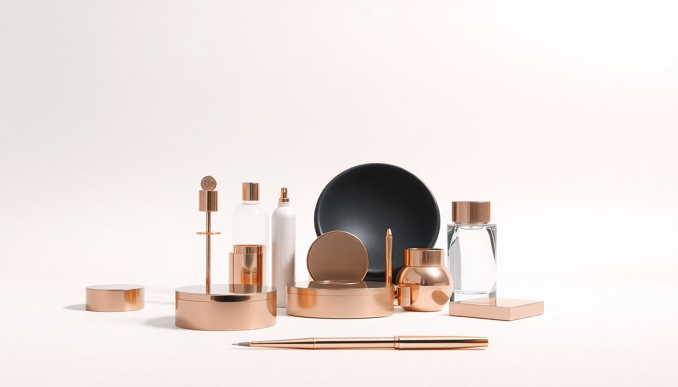A high-end, photorealistic studio still-life photograph featuring a collection of premium, polished objects arranged elegantly on a clean, monochromatic background, conceptually representing the abstract concepts of creativity, strategy, and impact in the experiential marketing industry.