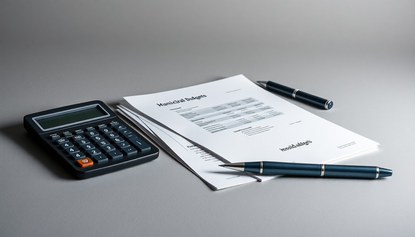 A high-end, photorealistic studio still-life photograph featuring a stack of financial documents, a pen, and a calculator arranged elegantly on a clean, grey seamless background, conceptually representing the abstract challenges of municipal budgeting and funding constraints.