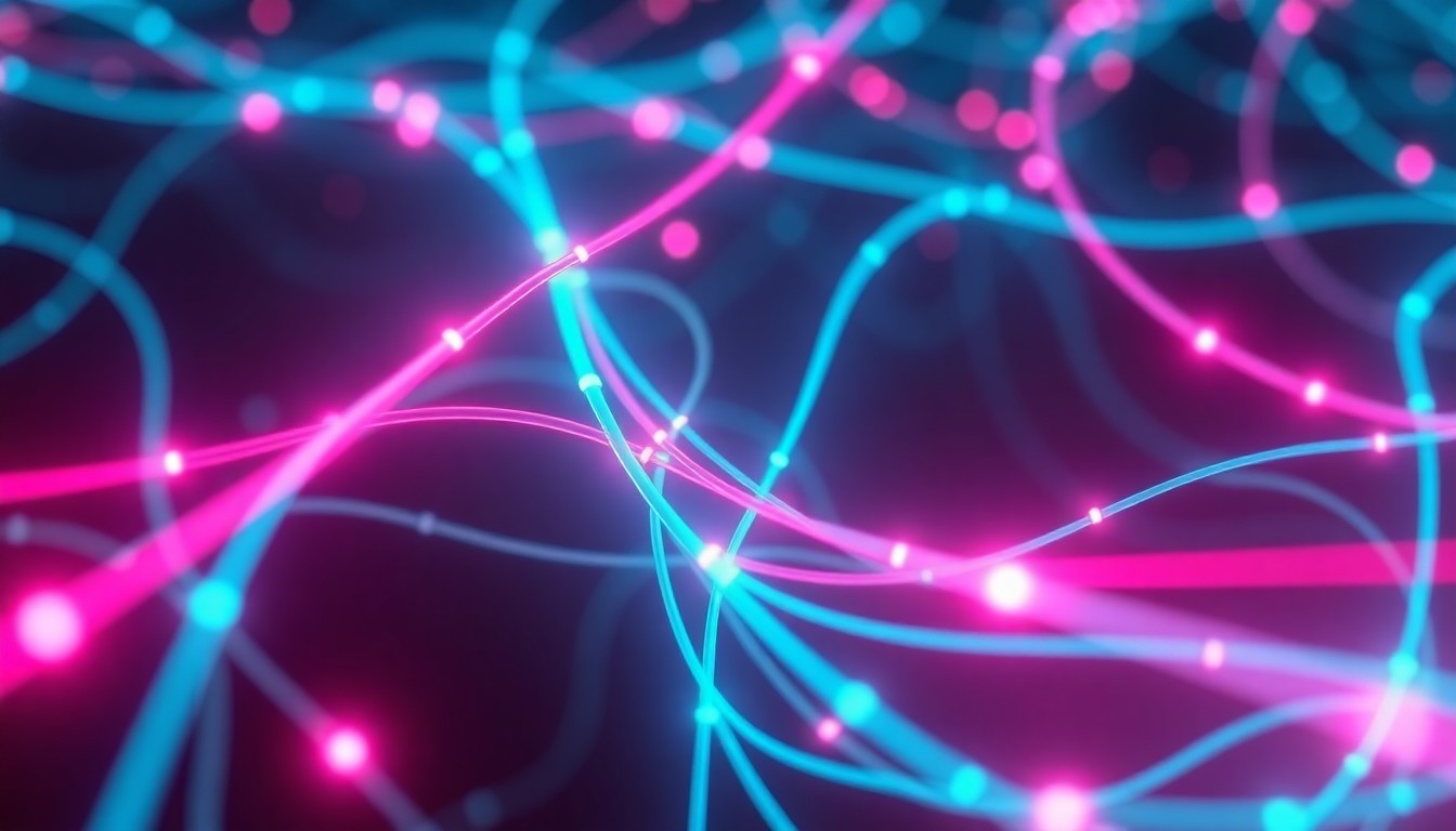 A highly detailed, glowing 3D illustration of a complex fiber optic cable network, with pulsing neon lights tracing the intricate pathways of the digital infrastructure, conceptually representing the advanced technology powering the community broadband project.