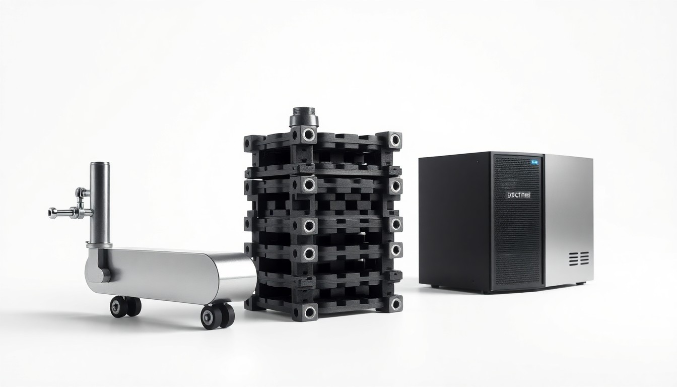 A photorealistic studio still life featuring polished metal industrial components arranged elegantly on a clean white background, conceptually representing the advanced manufacturing and technology sectors driving Ohio's economic development.