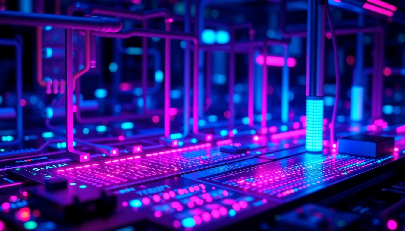 A highly detailed, luminous 3D illustration depicting the complex web of interconnected cybersecurity hardware and data flows, with various components and cables glowing with neon cyan and magenta lights, conceptually representing the challenges of securing enterprise AI systems.