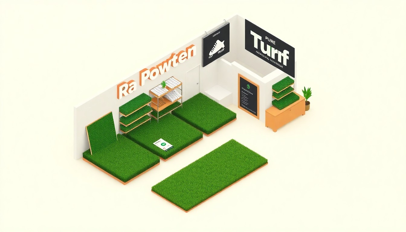 A stylized 3D diorama illustration depicting the interior of Pure Turf's new showroom, with various samples of artificial turf displayed on shelves and the floor, all rendered in a clean, modern aesthetic.