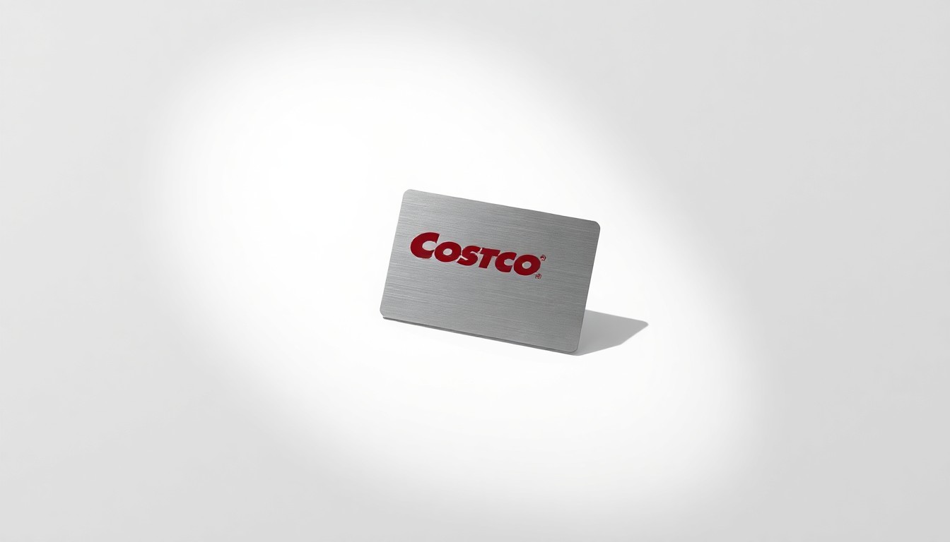 A minimalist studio photograph featuring a single, polished metal Costco membership card resting on a clean, monochromatic background, casting a sharp shadow and representing the abstract concept of the retailer's expansion in the region.