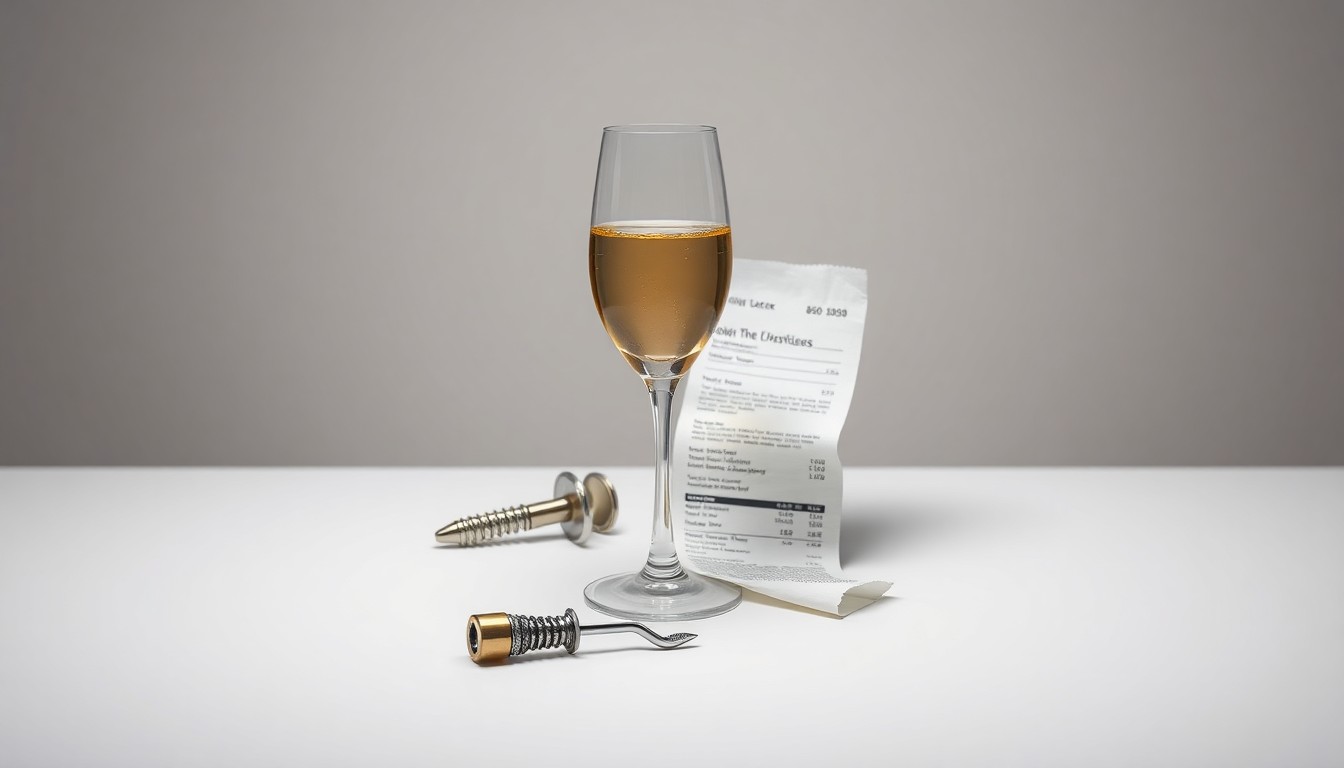 A minimalist, photorealistic studio still life featuring a half-empty champagne flute, a corkscrew, and a crumpled receipt, symbolizing the impact of rising costs and limited consumer options due to trade policies on the hospitality industry.