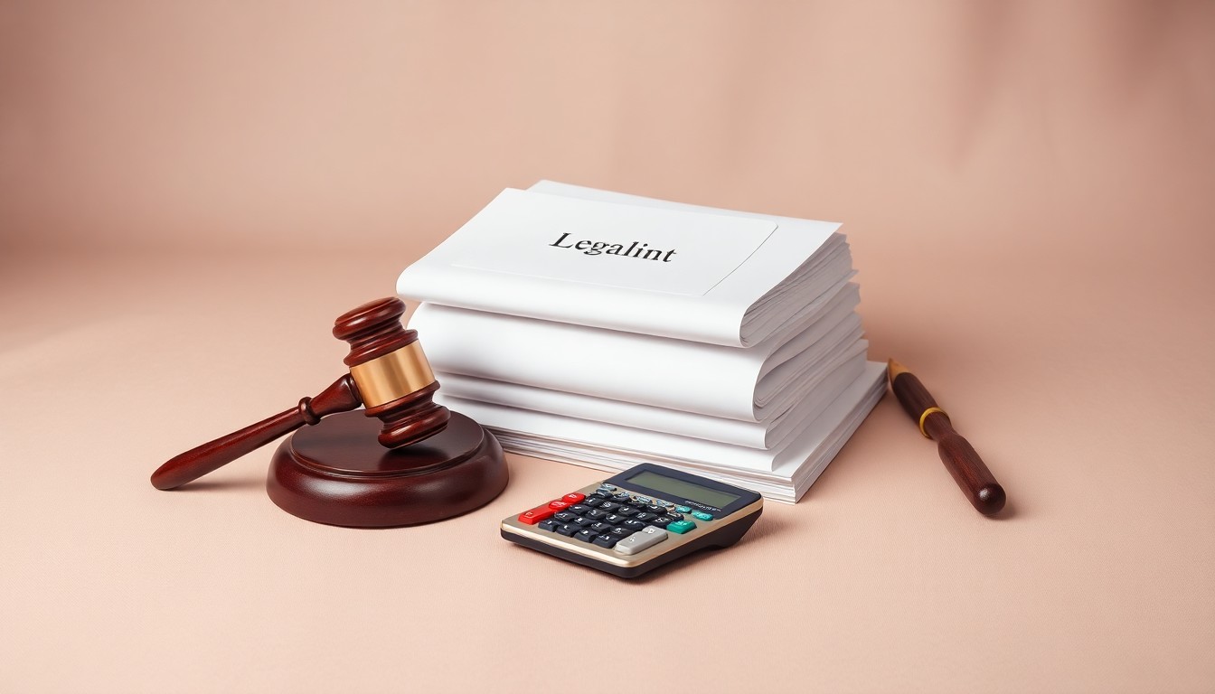 A photorealistic studio still life featuring a stack of legal documents, a gavel, and a calculator on a clean, monochromatic background, conceptually representing the abstract ideas of corporate litigation, financial risk, and market uncertainty.