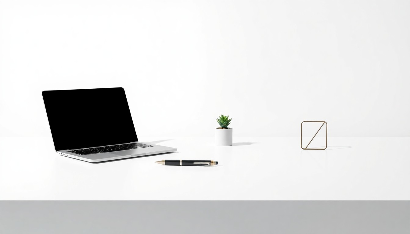 A photorealistic studio still life featuring a sleek desk with a laptop, pen, and potted plant, conveying the polished, conceptual nature of business leadership and innovation.