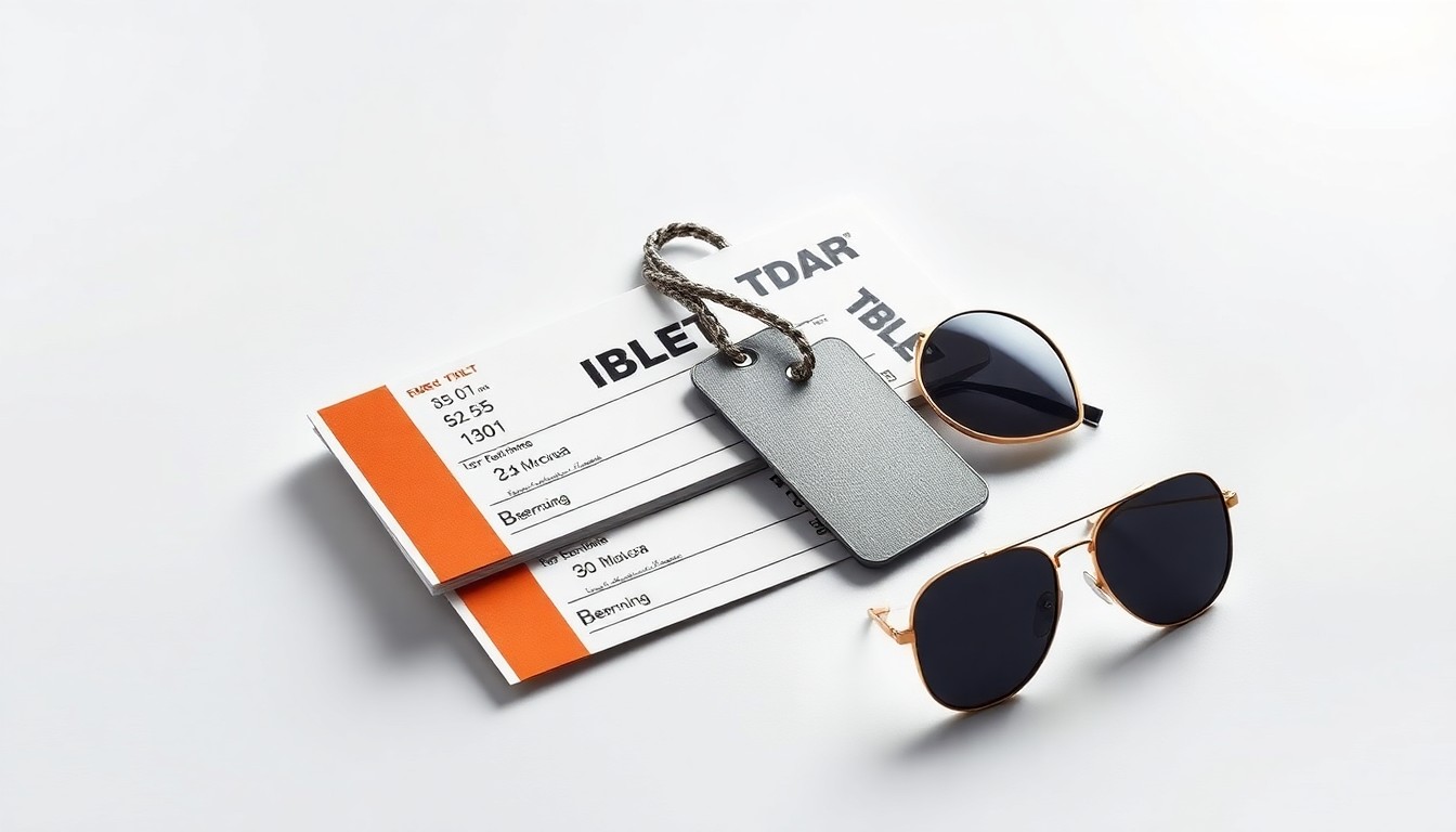 A high-end, photorealistic studio still-life photograph featuring a stack of airline tickets, a set of luggage tags, and a pair of aviator sunglasses arranged elegantly on a clean, monochromatic background, conceptually representing the complex financial and strategic factors influencing the airline industry's pricing strategies.