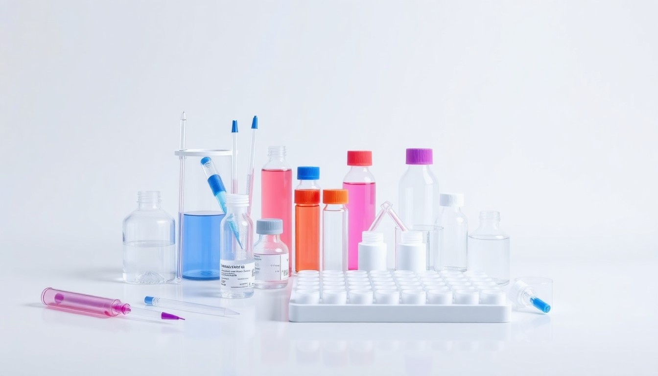 A high-end, photorealistic studio still-life photograph featuring a clean, monochromatic background with a carefully arranged composition of premium laboratory consumables, such as pipettes, microplates, and vials, conceptually representing the precision and quality required in modern laboratory settings.