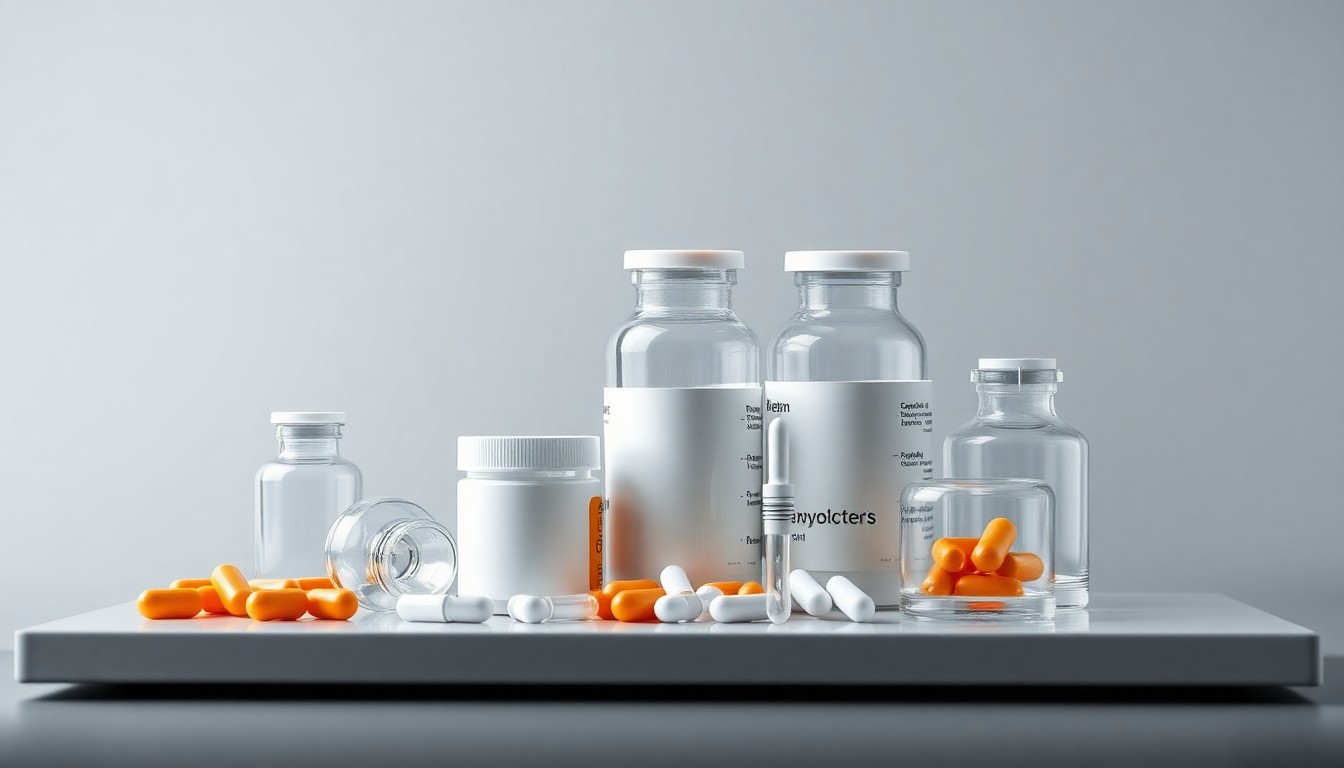 A photorealistic studio still-life image featuring a clean, monochromatic background with a carefully arranged composition of premium, polished objects representing the pharmaceutical industry's focus on quality, compliance, and data-driven decision-making.