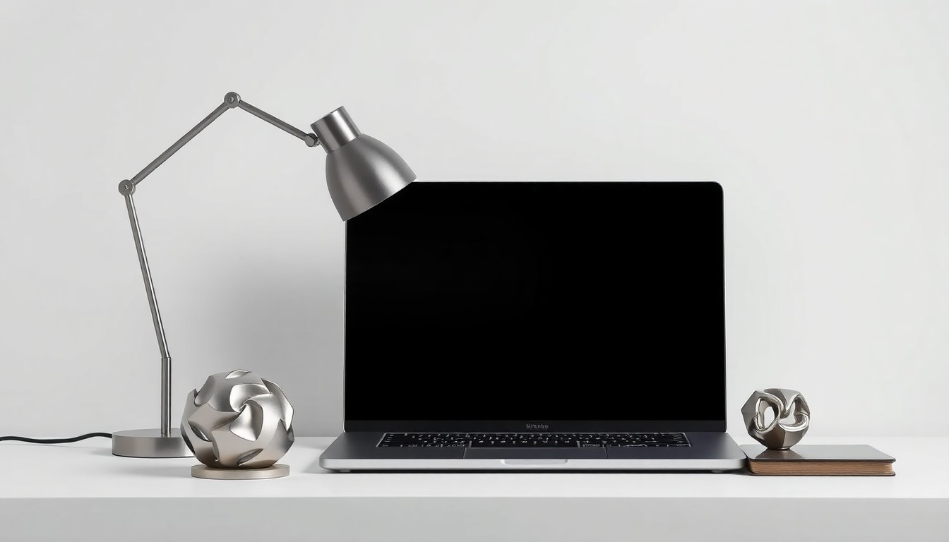 A minimalist studio still life photograph featuring a sleek laptop, a modern desk lamp, and a polished metal paperweight, symbolizing the abstract concepts of corporate strategy and market shifts.