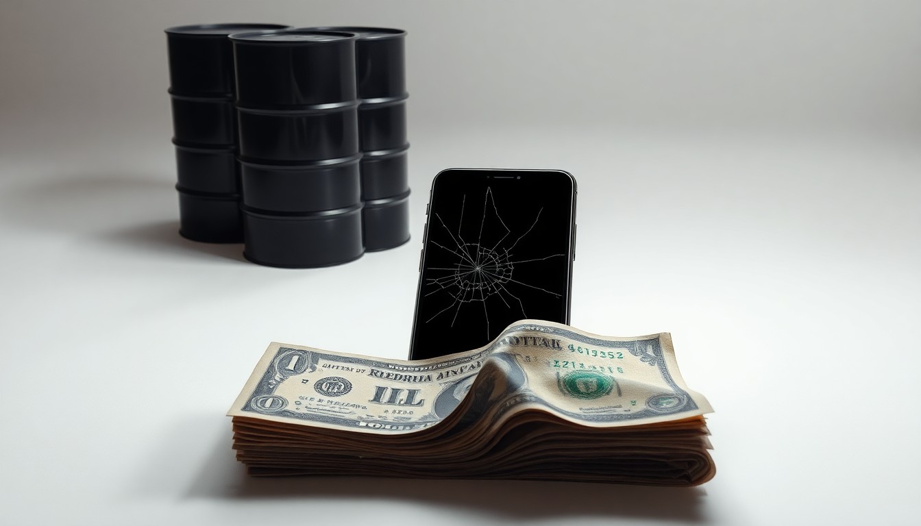 A high-end, photorealistic studio still-life photograph featuring a stack of oil barrels, a cracked smartphone screen, and a torn-up dollar bill, arranged elegantly on a clean, monochromatic background to symbolize the abstract corporate impacts of geopolitical conflict and economic uncertainty.