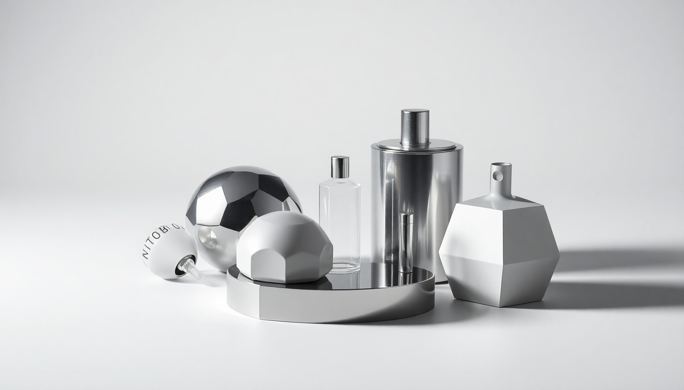 A high-end, photorealistic studio still-life photograph featuring a collection of polished, geometric objects in shades of gray and silver, arranged elegantly on a clean, white background to conceptually represent the stability and reliability of Pivot Bio's nitrogen solutions.