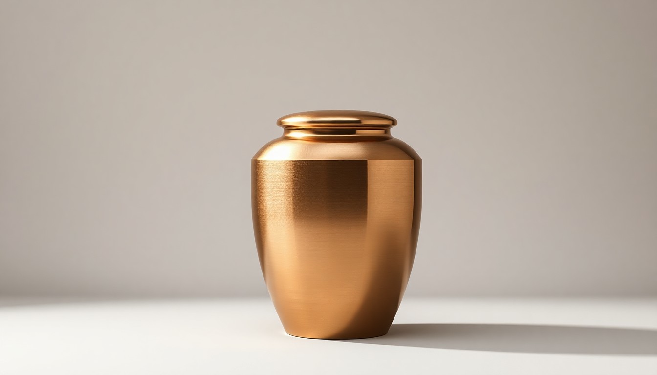 A high-end, photorealistic studio still life featuring a polished, geometric brass or copper urn resting on a clean, monochromatic background, with dramatic lighting and shadows to represent the solemn yet dignified nature of funeral services.