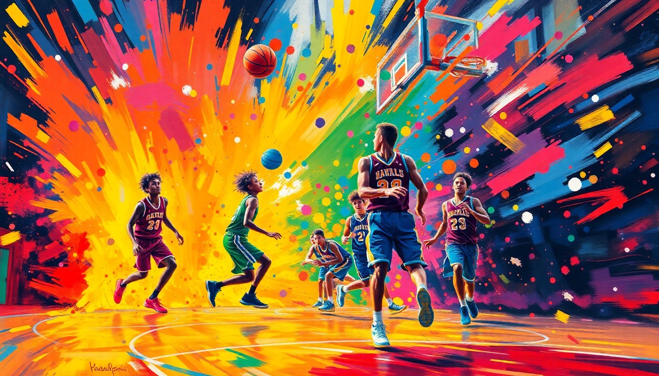 An abstract, energetic painting featuring bold brushstrokes in neon shades of orange, pink, and blue, conceptually representing the excitement and movement of a youth basketball tournament.