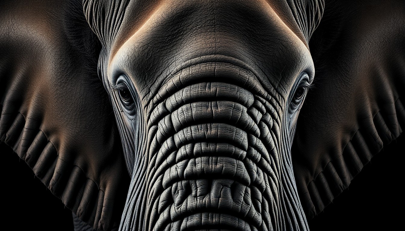An extreme close-up photograph of the detailed, wrinkled skin and coarse fur of an African elephant, shot in dramatic high-contrast lighting to create a sense of grandeur and natural beauty.