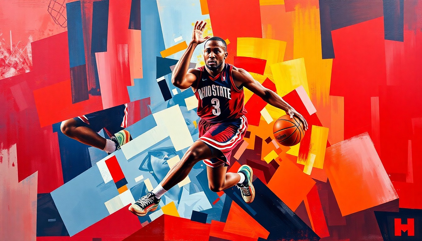 A fragmented, geometric painting in bold colors depicting a basketball player in motion, representing the excitement and anticipation around Amare Bynum's decision to continue his college career at Ohio State.