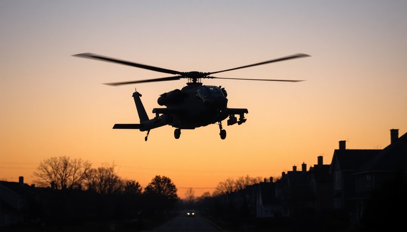 A cinematic painting of an Apache attack helicopter hovering silently over a suburban neighborhood, the warm diagonal sunlight casting deep shadows across the scene, conceptually illustrating the controversy over the military's involvement in partisan politics.