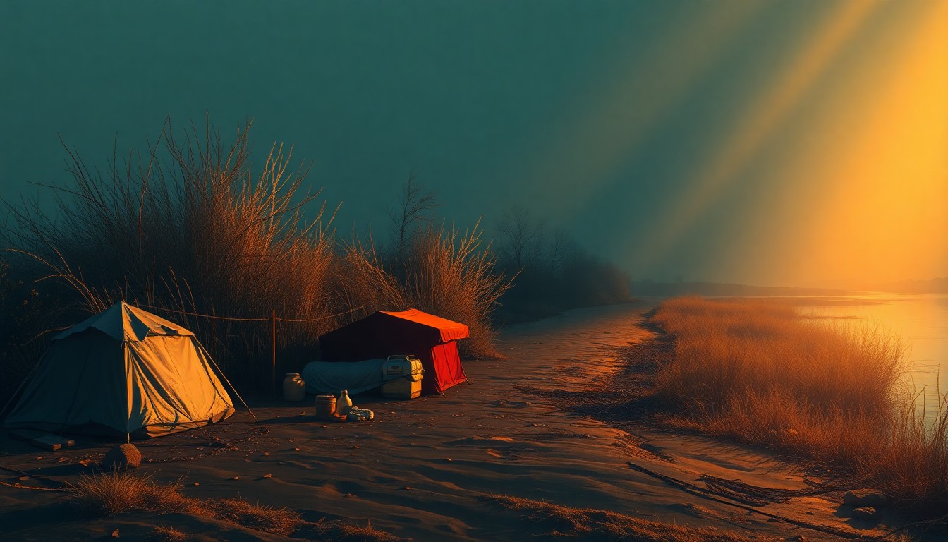A cinematic painting depicting a solitary homeless encampment along the banks of a tidal wetland, with warm sunlight and deep shadows creating a contemplative, nostalgic mood.
