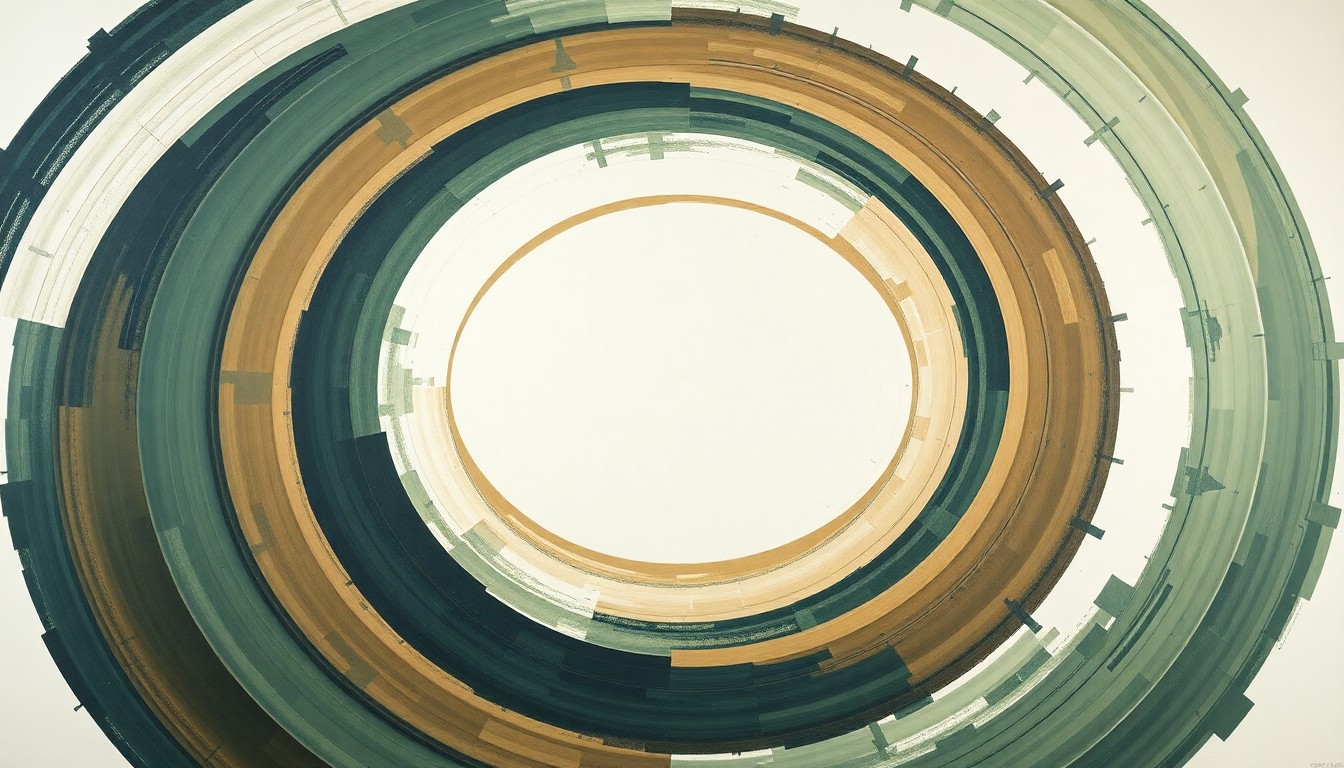 A bold, abstract painting in soft earth tones of green, brown, and blue, featuring sweeping geometric arcs, concentric circles, and precise spirals, conveying the structural power and conceptual complexity of a scientific endeavor without using any text or symbols.