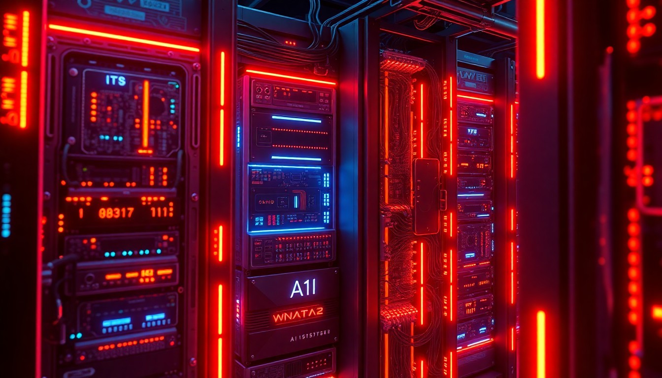 A highly detailed, glowing 3D illustration of a complex, futuristic AI server rack with pulsing neon lights, intricate circuit boards, and a sense of technological power and innovation, conceptually representing the secure and trusted AI platform developed by Sycamore.