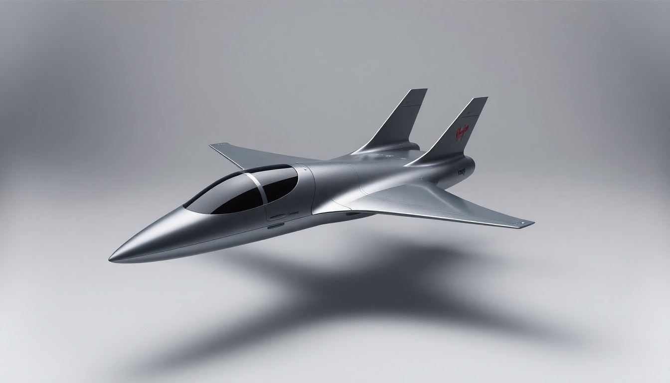 A photorealistic studio still-life image featuring a sleek, silver model of the Virgin Galactic SpaceShipTwo spacecraft floating on a clean, monochromatic background, conveying a sense of premium, polished sophistication.