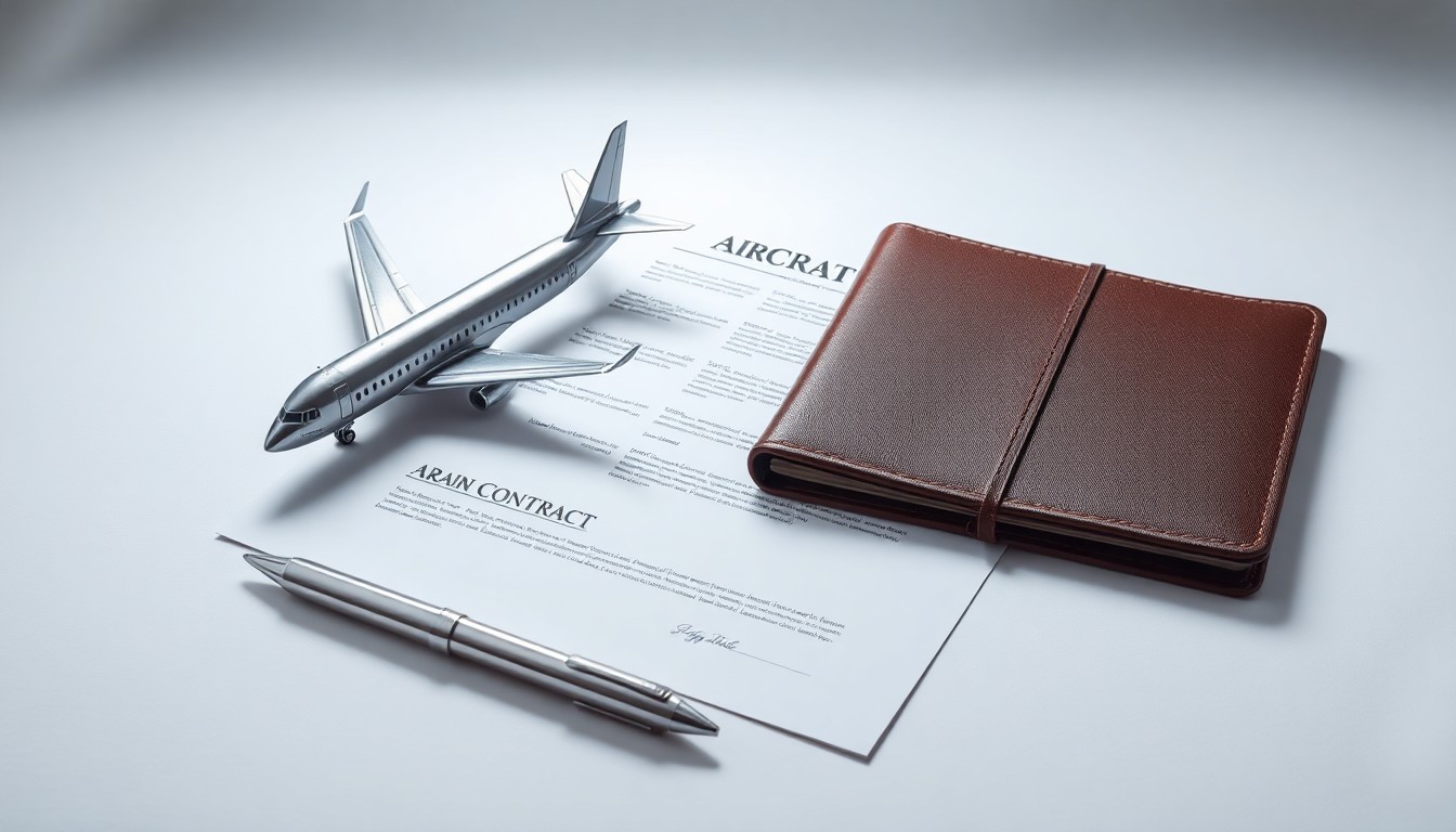 A minimalist studio still life featuring a polished metal airplane model, a sleek silver pen, and a leather-bound contract document, arranged elegantly on a clean white background to symbolize the abstract concepts of corporate strategy and risk in the aircraft leasing industry.