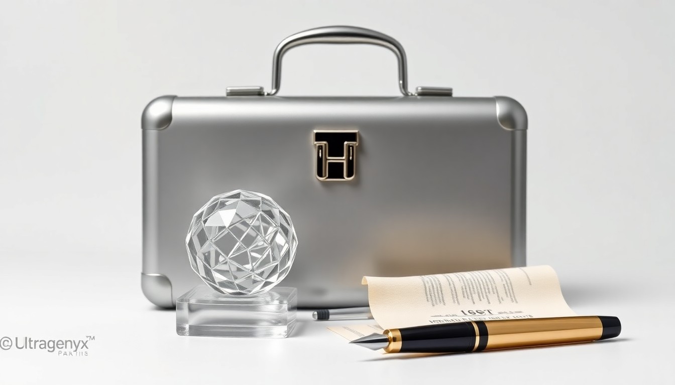 A high-end, photorealistic studio still-life photograph featuring a carefully arranged composition of premium, polished objects such as a metal briefcase, a glass paperweight, and a sleek fountain pen, all set against a clean, monochromatic background, conceptually representing the legal and financial aspects of the Ultragenyx Pharmaceutical case.