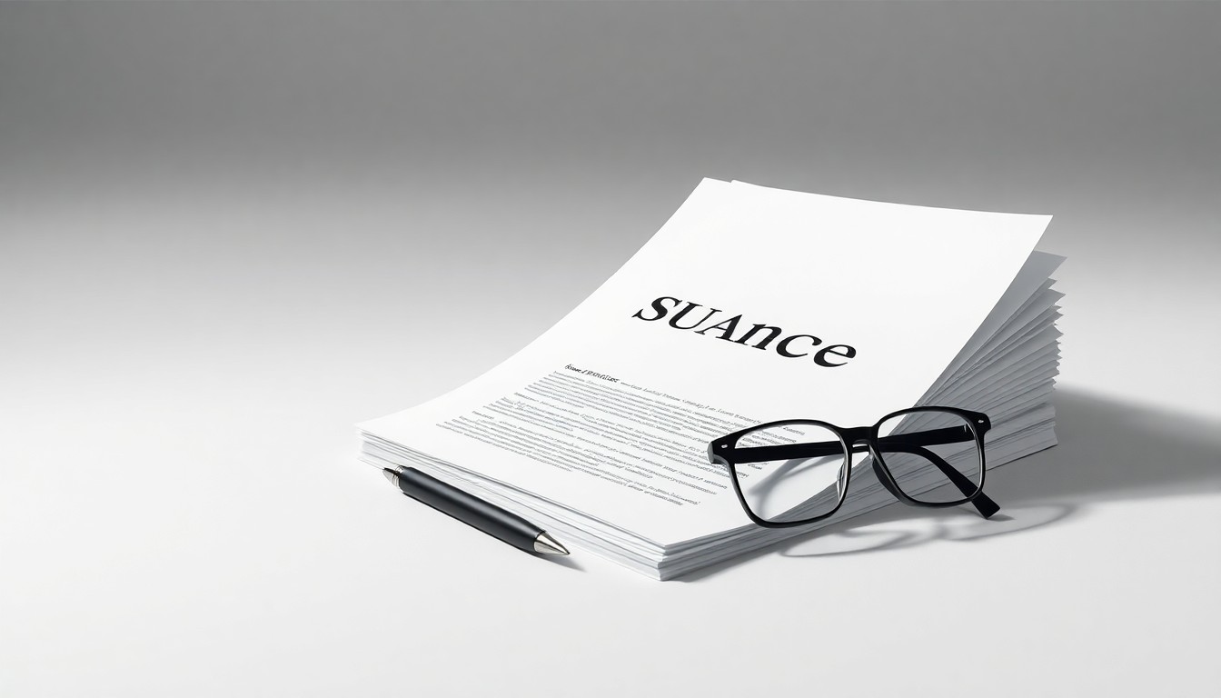 A high-end, photorealistic studio still-life photograph featuring a stack of insurance policy documents, a pen, and a pair of reading glasses arranged elegantly on a clean, monochromatic seamless background, conceptually representing the legal and strategic responsibilities of Goosehead Insurance's new General Counsel.
