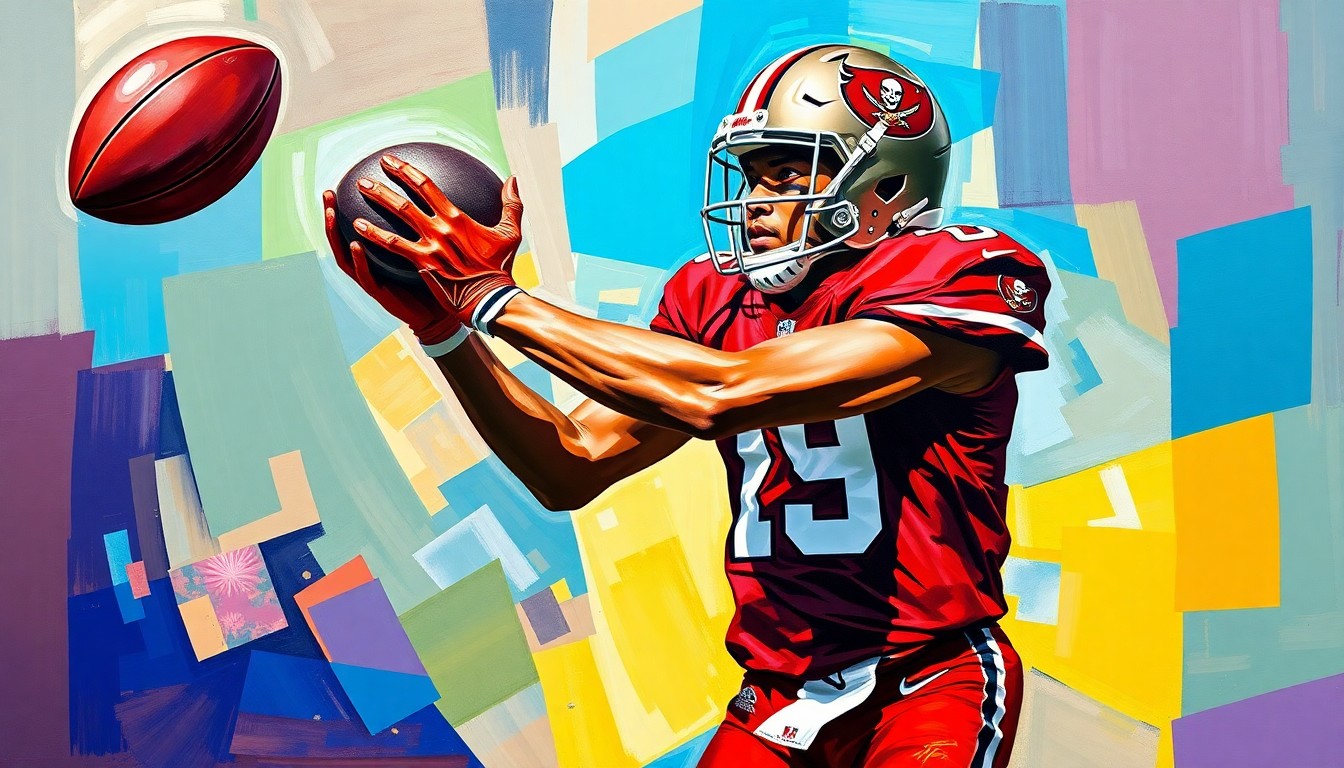 A cubist, geometric painting depicting a football player in mid-catch, with the player's form broken down into sharp, overlapping planes of color representing the Buccaneers' red and pewter uniforms and the 49ers' red and gold.