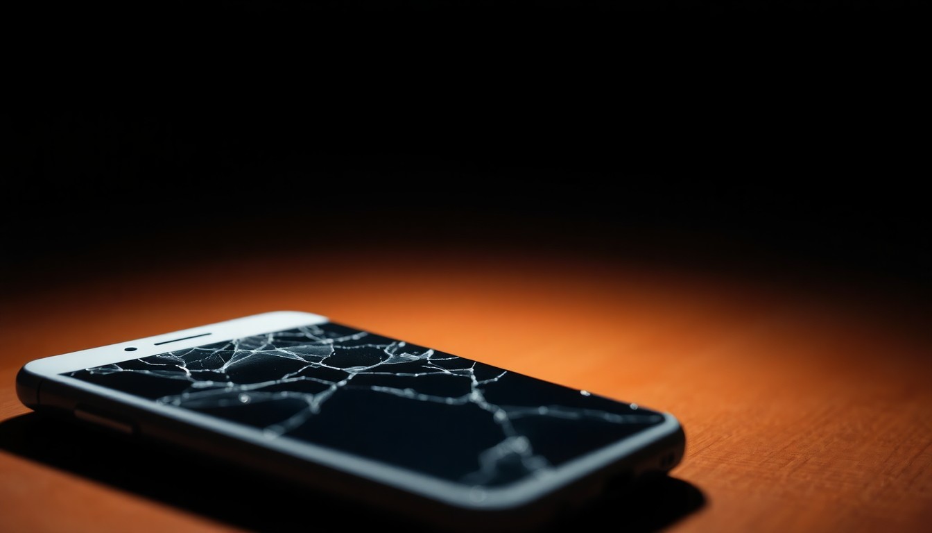 An extreme close-up of a cracked smartphone screen reflecting a faint light, conceptually representing the violation of trust in an educator-student relationship.