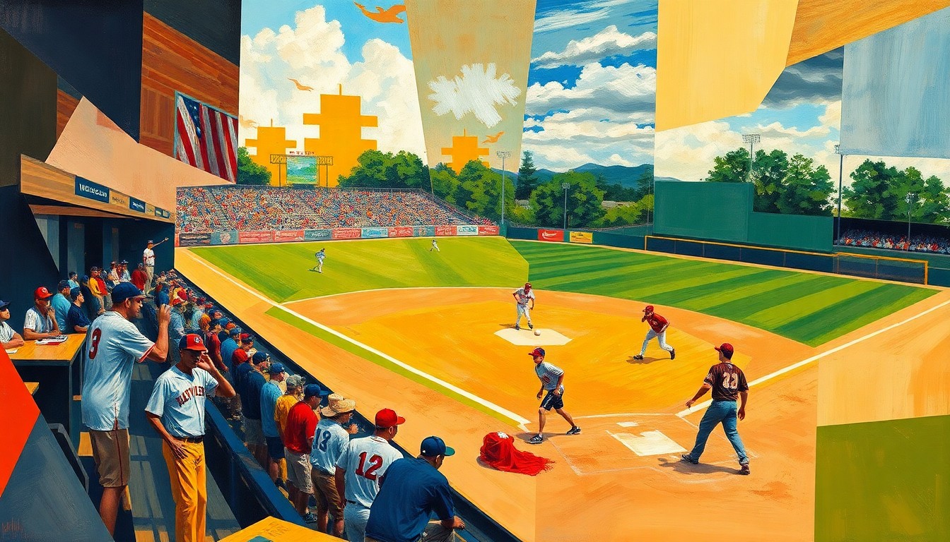 A cubist, geometric painting depicting a high school baseball game, with the players and field elements broken down into sharp, overlapping planes of color and shape, capturing the dynamic energy of the sport.