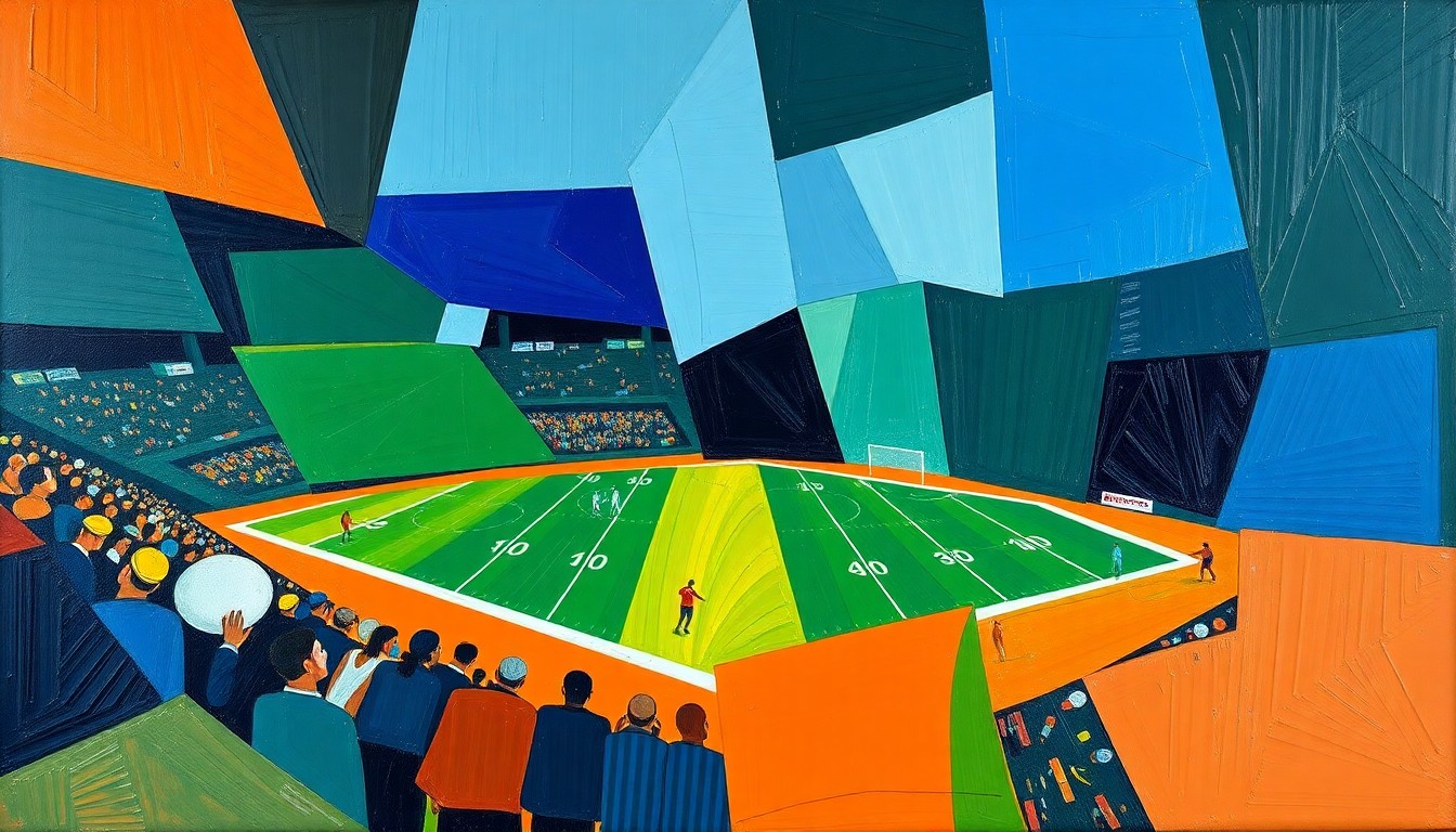A cubist-style painting featuring overlapping geometric shapes and planes in navy, green, and orange, abstractly depicting a football player in motion.