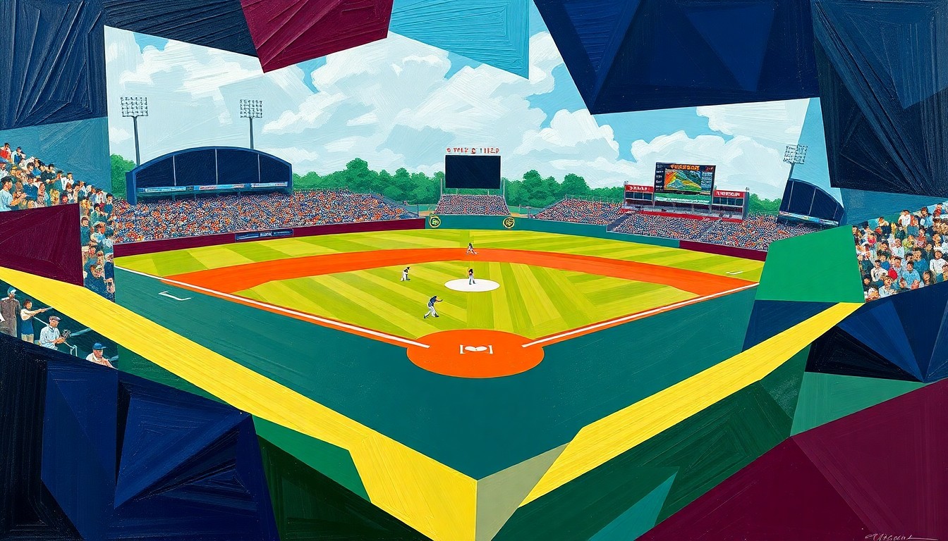 A cubist, geometric painting depicting a high school baseball game, with sharp, overlapping planes of color representing the dynamic action on the field.