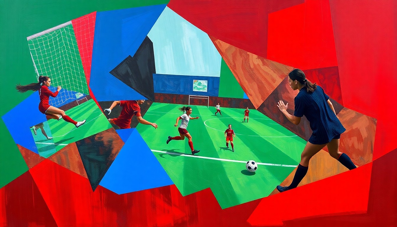 A cubist, geometric painting depicting the action and movement of a girls soccer match, with overlapping planes of green, blue, and red representing the players and ball.