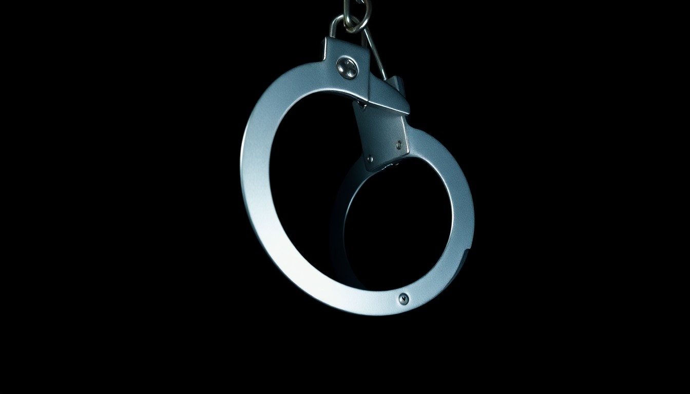 An extreme close-up photograph of a set of police handcuffs against a pitch-black background, creating a stark, gritty, investigative aesthetic.