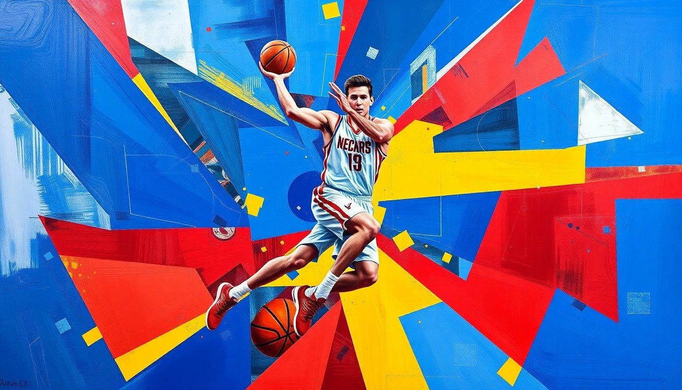 A cubist, geometric painting depicting the dynamic movements and skills of basketball player Luka Doncic, with sharp, overlapping planes of vibrant colors representing his prowess on the court.
