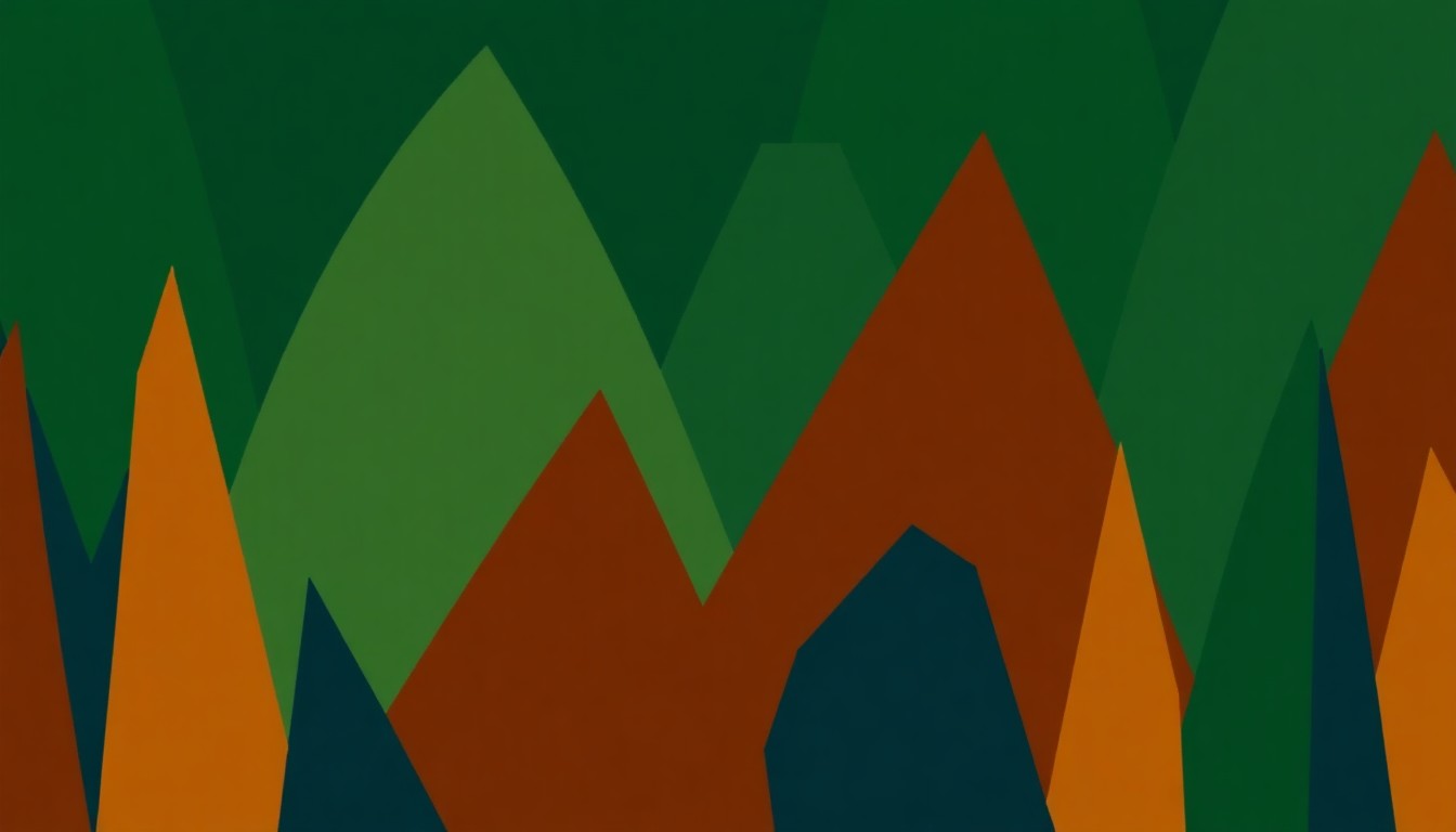 An abstract, minimalist illustration composed of sharp, angular shapes in deep green, brown, and blue tones, conveying the energy and diversity of the folk and bluegrass music genres represented in the 2026 Wammie nominations.