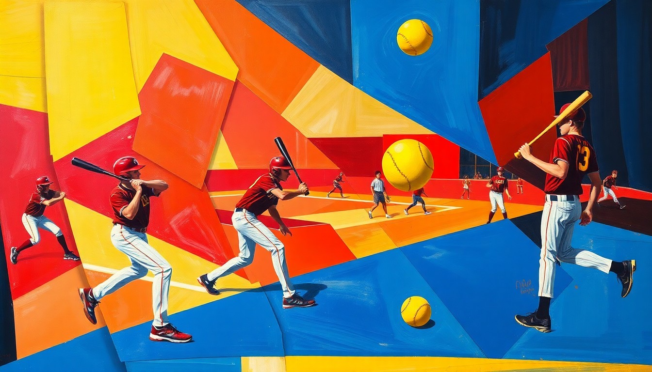 A cubist-style painting depicting the dynamic motion and energy of a high school softball game, with fragmented geometric shapes and planes of color representing the players, bats, and balls in action.