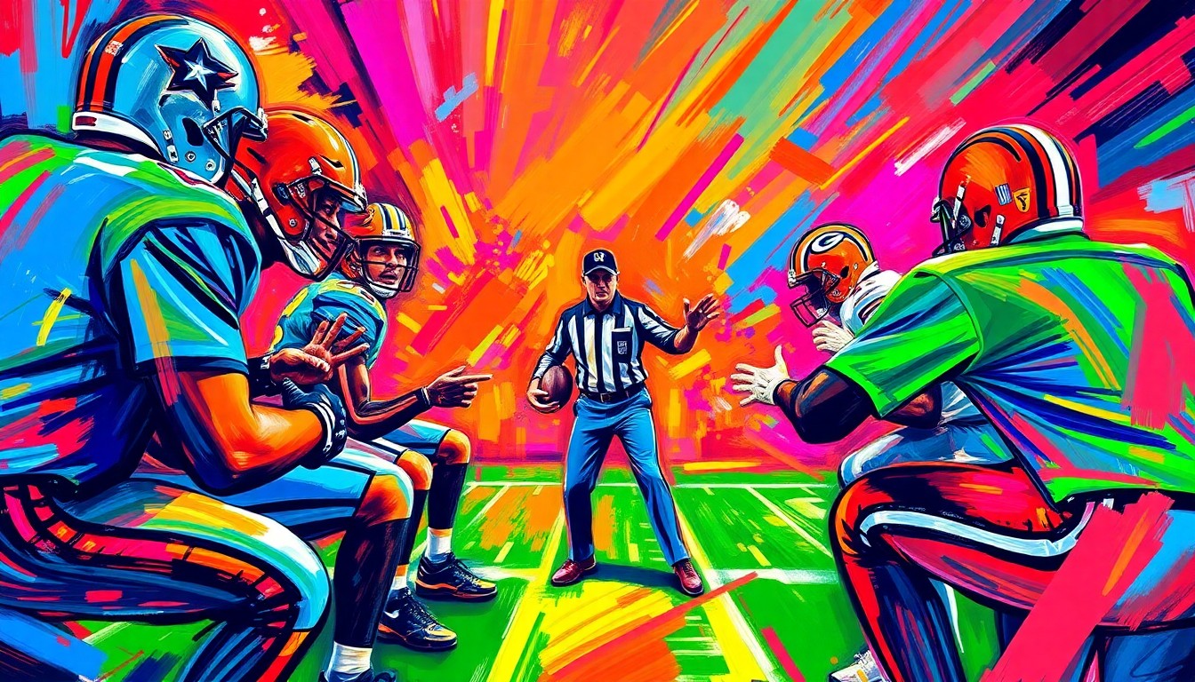 An abstract, energetic painting in vibrant neon colors and rapid brushstrokes, capturing the intensity and dynamism of an NFL coaching session.